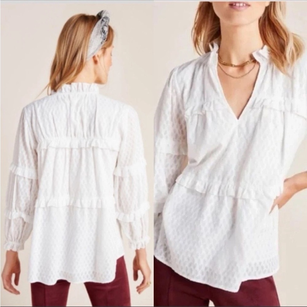 ANTHROPOLOGIE MAEVE Angela Ruffle Peasant Blouse White XS